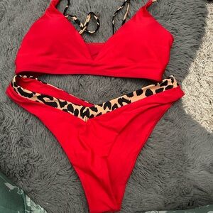 Red Bikini with Leopard Print Accents